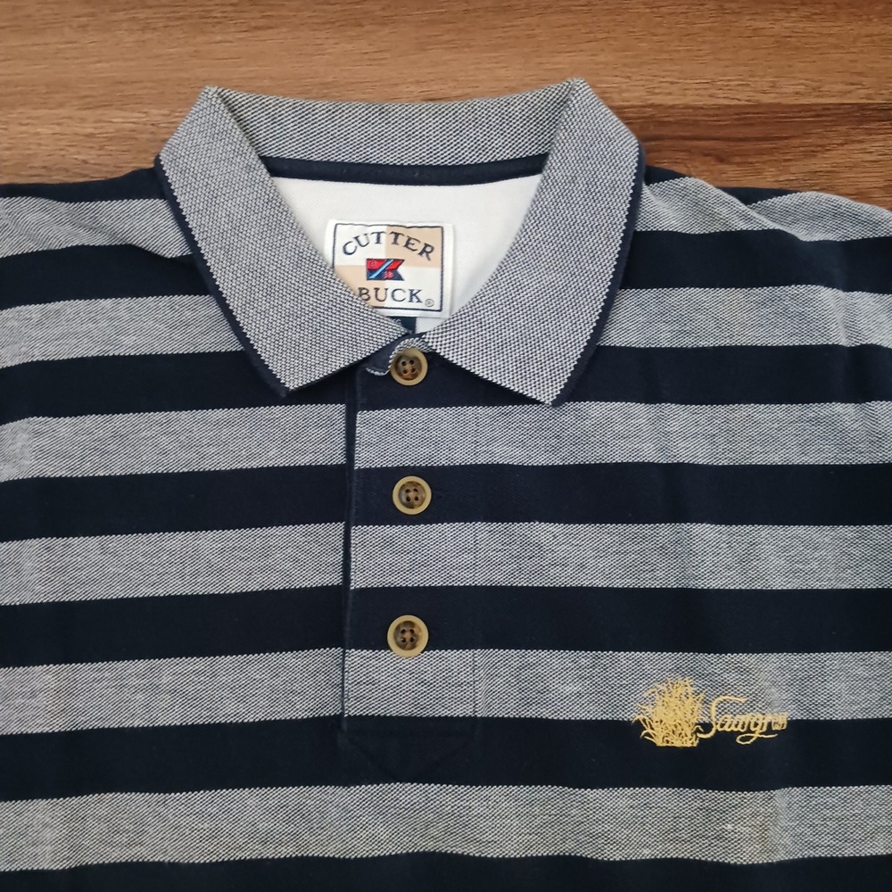 Cutter & Buck Mens XL Polo Shirt Navy Blue Grey Striped Sawgrass Golf Cotton